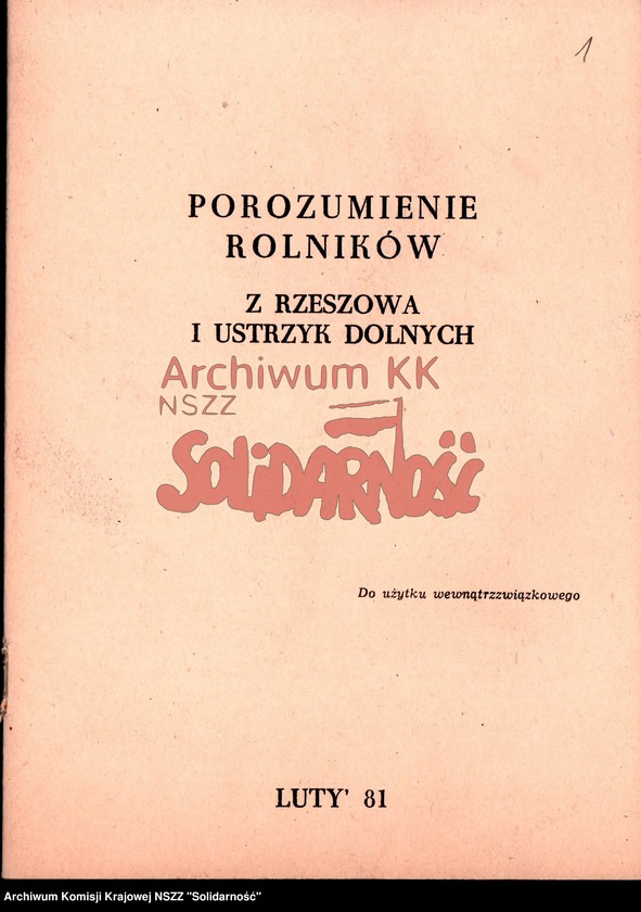 Scan pierwszej strony publikacji Porozumienia Rolników z Rzeszowa i Ustrzyk Dolnych z lutego 1981 r.
