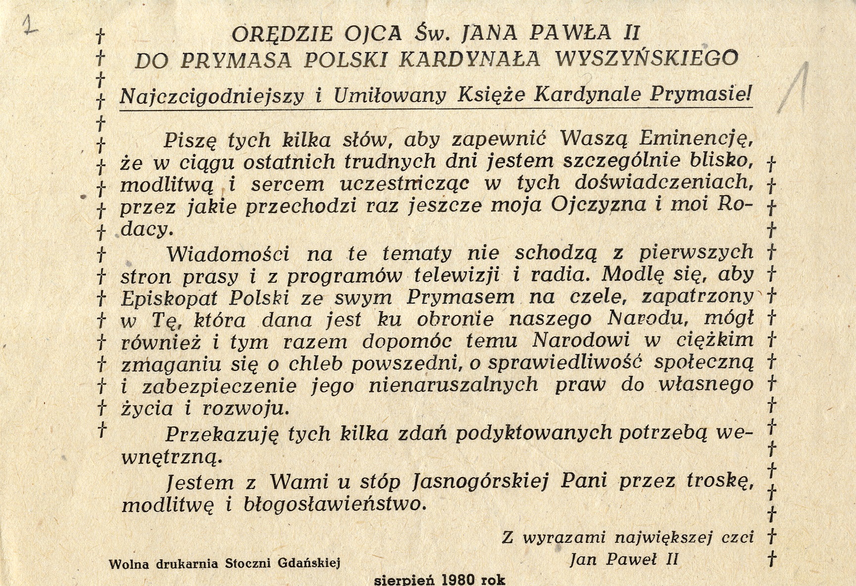 Skan przedstawia ulotkę - orędzie Ojca Świętego Jana Pawła II do Prymasa Polski